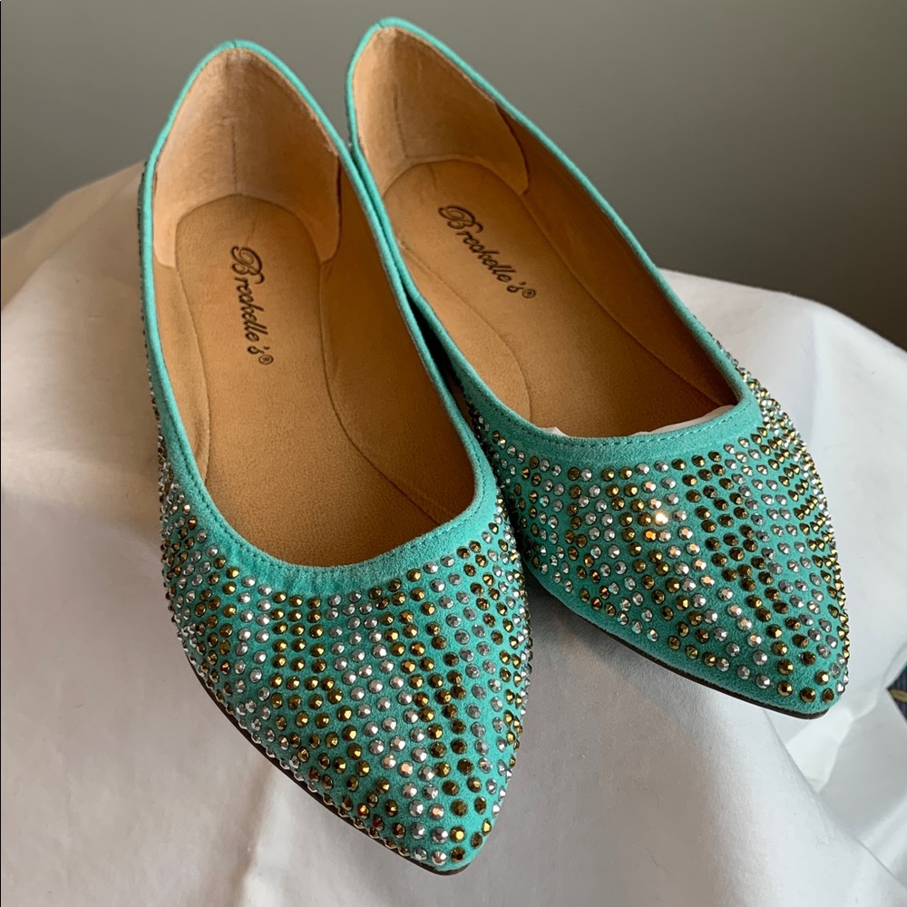 New Rhinestone Embellished Teal Flats